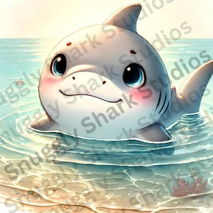 Cuddly Shark Nursery Wall Art – Ocean Animal Watercolor Print – Baby Room Digital Download – Sea Life Decor – Shark Baby Shower Gift