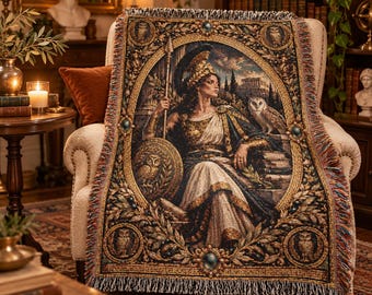 Athena Woven Blanket, Greek Goddess Throw, Mythology Home Decor, Owl Blanket, Dark Academia Tapestry Throw