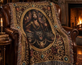 Hades Mosaic Woven Blanket | Hades Tapestry Throw Cerberus Greek Mythology Throw, Underworld Tapestry Blanket, Dark Academia Home Decor