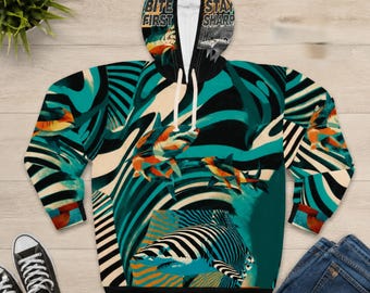 Felpa con cappuccio con stampa integrale di squali, pullover psichedelico da surf, regalo per amanti dell'oceano, felpa grafica costiera, abbigliamento da spiaggia unisex