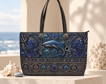 Poseidon Shark PU Leather Tote Bag, Navy Blue Greek Mythology Statement Handbag