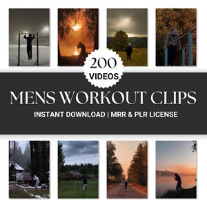 May include: An image showcasing eight panels with workout scenes. The central banner reads "MENS WORKOUT CLIPS" with "200 VIDEOS" in a circular badge. The scenes depict various outdoor exercises, including pull-ups and shadow boxing, set against natural backdrops.