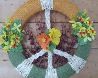 Handmade Peace Sign Wreath, Boho Floral Wall Decor, Hippie Home Decor