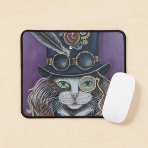 May include: A white cat with green eyes wearing a black top hat with steampunk goggles and a monocle. The hat is decorated with gears, a feather, and a heart.