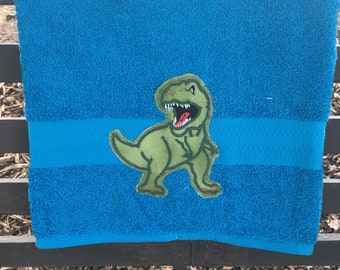 Embroidered T-Rex Cotton Kids Bath Towel, Personalized Dinosaur Gift