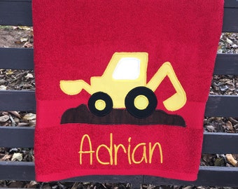 Excavator towel, tractor bath towel, kid's tractor towel, personalized towel, farm towels, towel for kids, child's bath towel