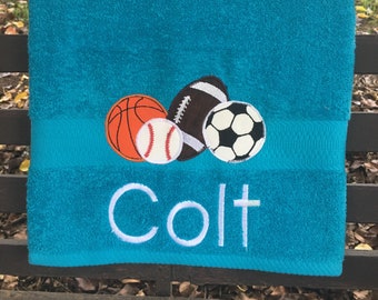 Multi Sports Towel, kid's sports towel, sports bath towel, personalized towel, swim towel, child's bath towel, sports bath décor, nap towel