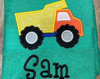 Dump Truck Towel, truck bath décor, truck bath towel, kid's bath towel, personalized bath towel, transportation towels, nap towel