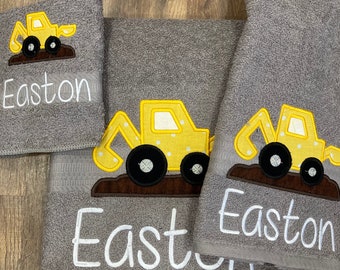 Excavator towel, tractor bath towel, kid's tractor towel, personalized towel, farm towels, towel for kids, child's bath towel