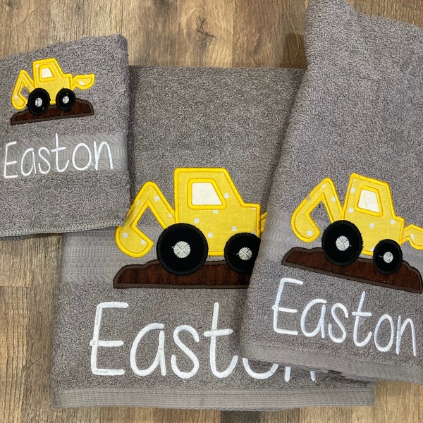 Excavator towel, tractor bath towel, kid's tractor towel, personalized towel, farm towels, towel for kids, child's bath towel