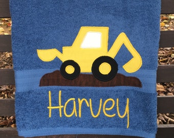 Excavator towel, tractor bath towel, kid's tractor towel, personalized towel, farm towels, towel for kids, child's bath towel