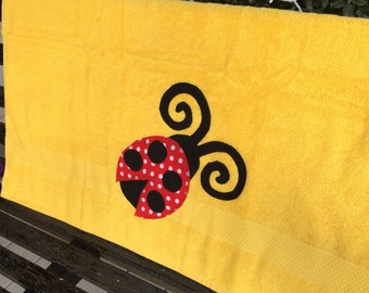 Yellow ladybug towel, ladybug bathroom décor, kid's ladybug towel, towel for teens, personalized towel, ladies ladybug towel, nap towel