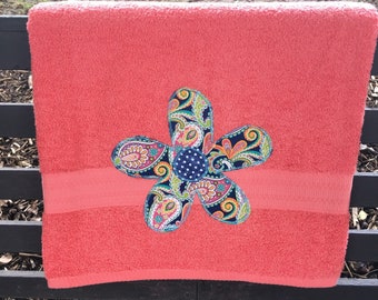 Coral Flower Towel, floral print bath towel, flower bath towel, towel for ladies, bath towel, paisley bath decor, personalized towel