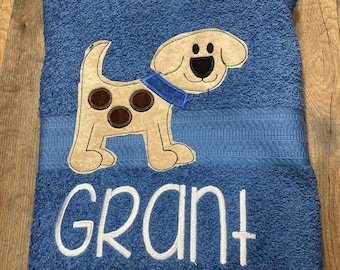 Personalized Dog Bath Towel, Puppy Applique, Embroidered Name