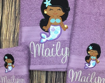 Embroidered Mermaid Bath Towel, Personalized Girl's Cotton Towel