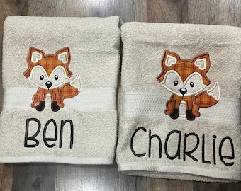 Embroidered Fox Bath Towel, Personalized Kids Cotton Towel