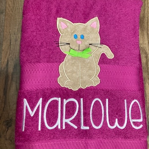 Cat towel, kitty bathroom décor, kid&#39;s cat towel, towel for cat, personalized towel, kitten bath towel, towel with name