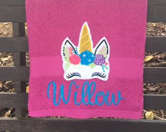 Embroidered Unicorn Bath Towel, Personalized Cotton Towel
