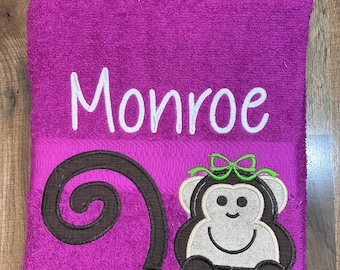 Embroidered Monkey Cotton Towel, Personalized Applique Bath Decor