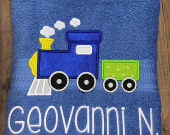 Embroidered Train Bath Towel, Personalized Cotton Kids Towel