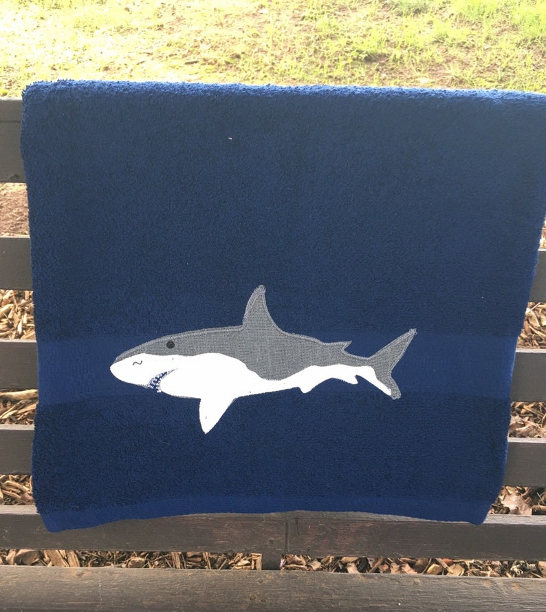 Shark towel, shark bath towel, kids shark towel, personalized towel, towel with shark, shark bathroom décor, shark swim towel, bath towel image 1