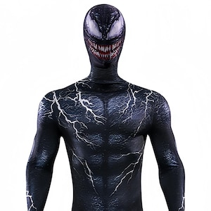 May include: Black Venom costume with white lightning bolt accents. The full-body suit features a textured pattern and a detailed mask with a menacing grin and sharp teeth. A cosplay outfit for Halloween or comic conventions.