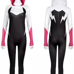 May include: A full-body spandex jumpsuit featuring a black torso, white sleeves, and a white hood. The hood interior and lower sleeves display a pink and black web pattern. The mask is white with pink-rimmed eye lenses and a black spider emblem.