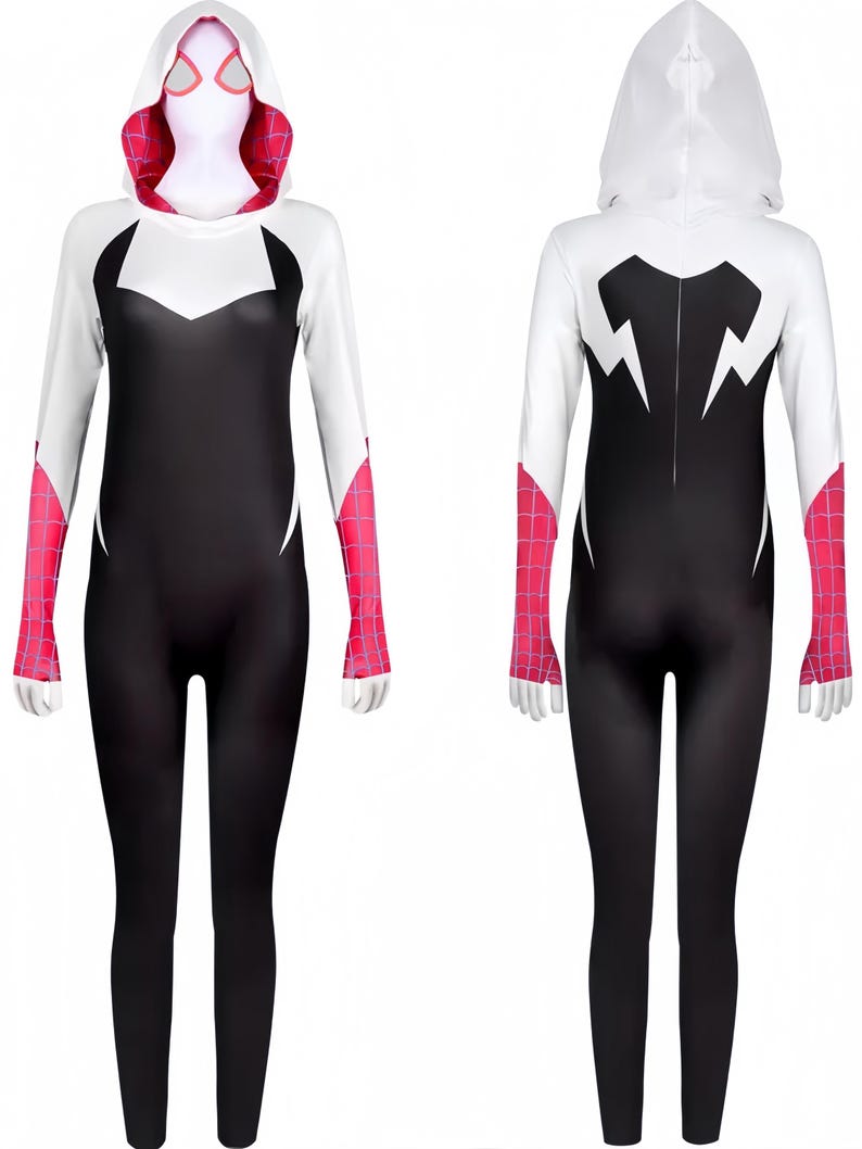 May include: A full-body spandex jumpsuit featuring a black torso, white sleeves, and a white hood. The hood interior and lower sleeves display a pink and black web pattern. The mask is white with pink-rimmed eye lenses and a black spider emblem.