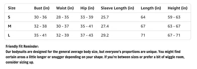 Puede incluir: Una tabla blanca con texto negro que detalla las medidas del body. Los tama&ntilde;os S, M y L se enumeran con medidas de busto, cintura, cadera, largo de manga, largo y altura en pulgadas. Tambi&eacute;n se incluye el texto "Friendly Fit Reminder".