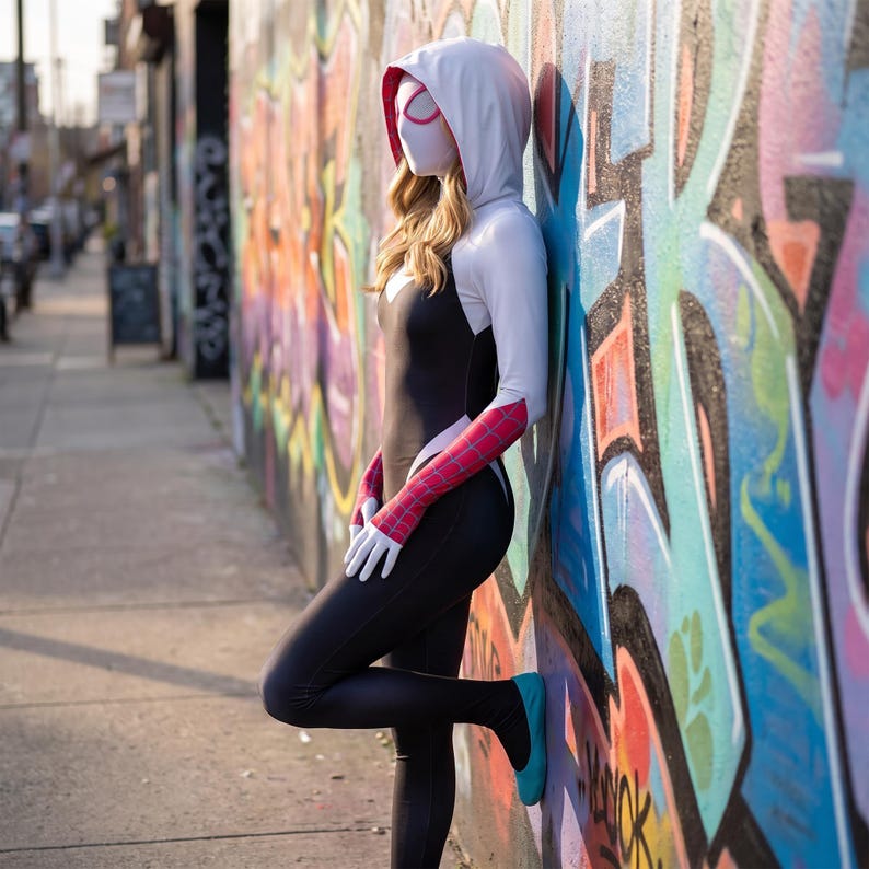 May include: A full-body Spider-Gwen costume featuring a white hooded top with a black torso, long sleeves with a red and blue web pattern, and solid black leggings. The mask is white with pink-rimmed eye lenses and a matching pink interior hood.
