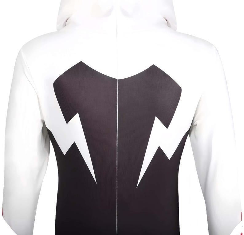 May include: A white hooded long-sleeve shirt featuring a large black graphic panel on the back. The black design includes two prominent white lightning bolt shapes pointing downward on either side of the center seam of the garment.