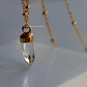 Clear Quartz Necklace, Waterproof Gold Satellite Chain, Healing Stone, Crystal Long Necklace, Layered Long, Gift For Her, Cadeau