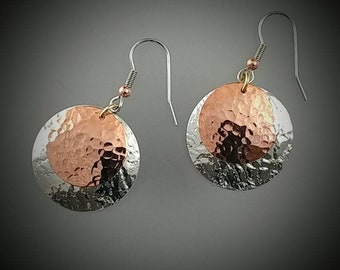 Aluminum and Copper dangle drop dome disc circle earrings.  French hook surgical steel hypo allergenic ear wires.