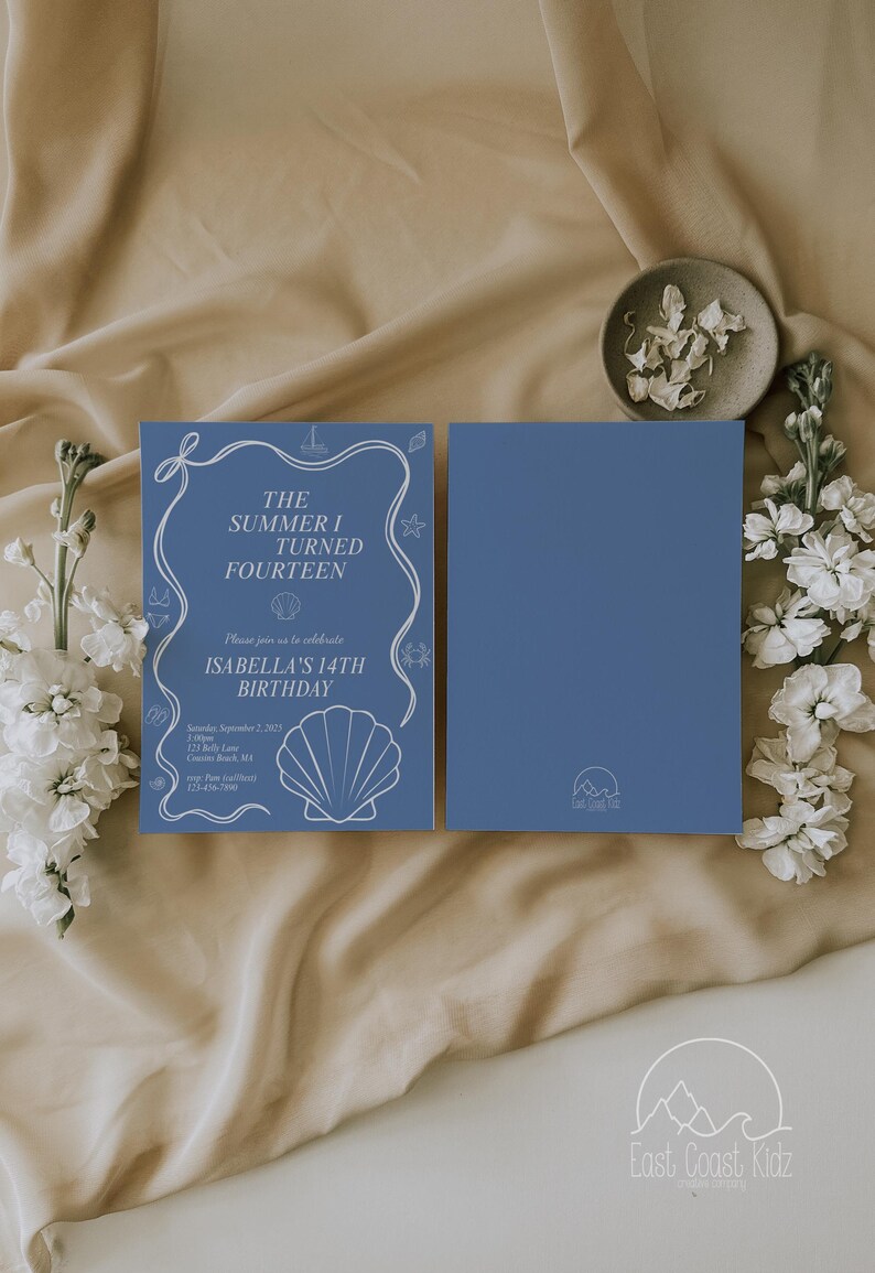 May include: Blue birthday invitation with white text and seashell illustrations. The text reads "The Summer I Turned Fourteen" and "Isabella's 14th Birthday." The invitation is accompanied by a blank blue card. The design includes a nautical theme.