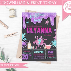 以下が含まれることがあります： リリーアナという7歳の女の子のための、紫と青の粘土をテーマにした誕生日招待状。招待状には、キラキラのアクセントがついた、垂れ下がった粘土のデザインと、「It's Slime Time!」というテキストが書かれています。招待状には、パーティーの日時と場所、RSVPの連絡先が記載されています。