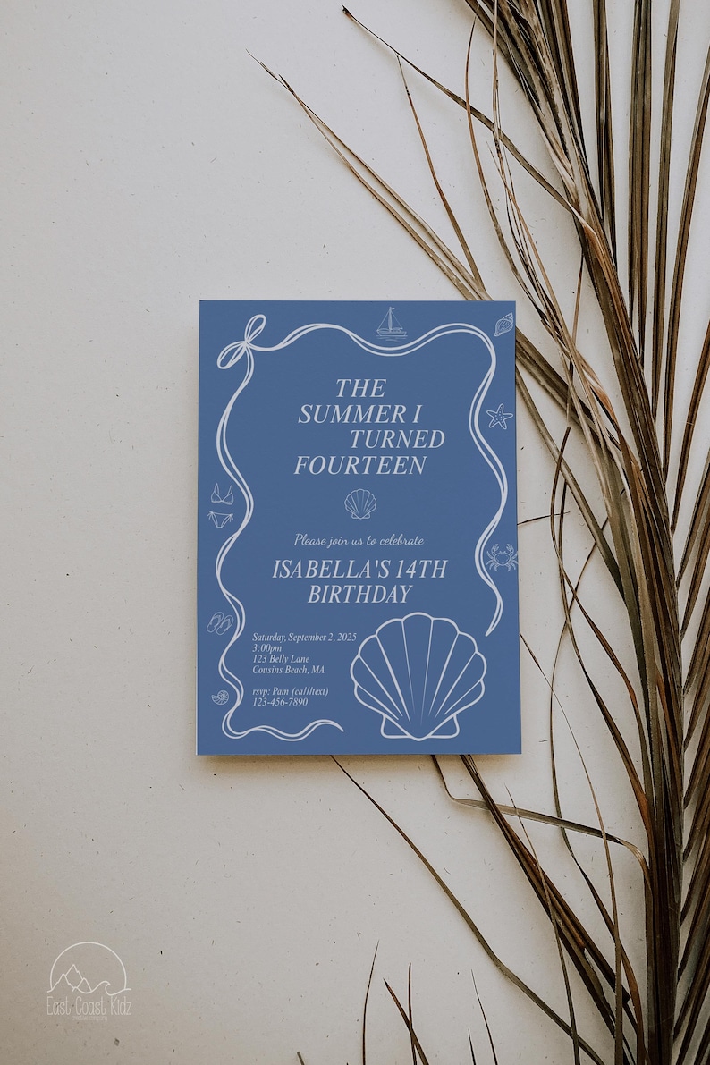 May include: A blue invitation card with white text and illustrations, including a seashell, sailboat, and starfish. The text reads "The Summer I Turned Fourteen" and announces Isabella's 14th birthday.
