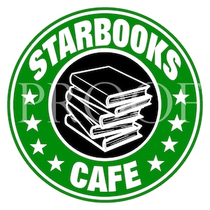 May include: Green and black logo with the text "Starbooks Cafe" in a white circle with five white stars. A stack of books is in the center of the circle.