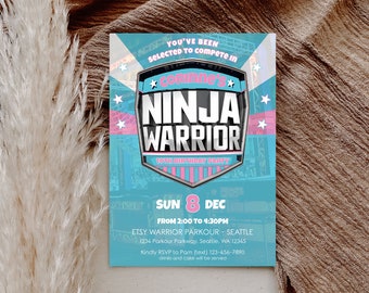 Pink and Aqua American Ninja Warrior Inspired Birthday Invitation- Instant Download