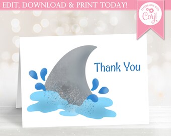 Shark Fin Summer Birthday Thank You Card - Instant Download