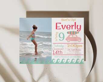 Surfer Girl Photo Birthday Invitation- Instant Download
