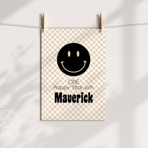 One Happy Year Checkered Smiley Face Birthday Poster - Instant Download