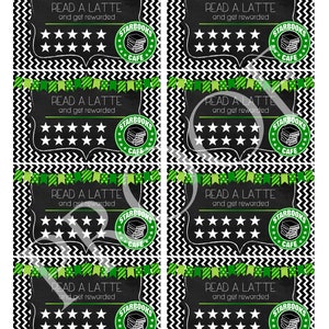May include: Four black and white punch cards with green accents. Each card has a green starburst with the text "STARBOOKS CAFE" and a stack of books. The text "READ A LATTE and get rewarded" is at the top of each card. There are 10 stars on each card.
