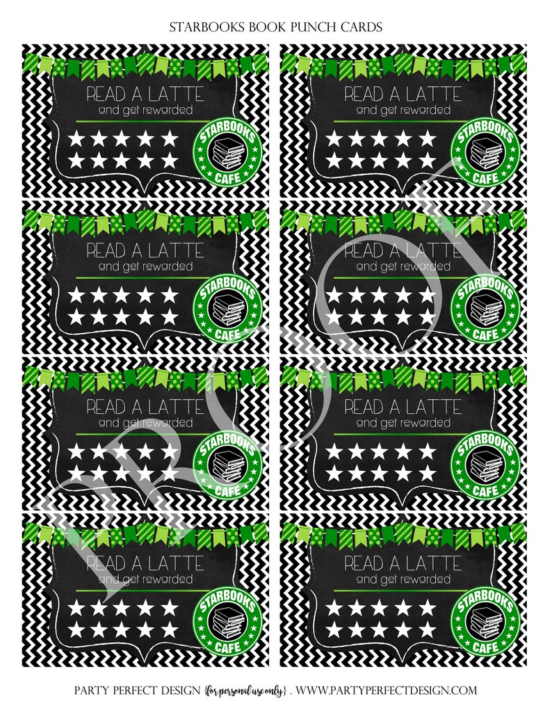 May include: Four black and white punch cards with green accents. Each card has a green starburst with the text "STARBOOKS CAFE" and a stack of books. The text "READ A LATTE and get rewarded" is at the top of each card. There are 10 stars on each card.