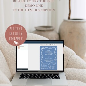 May include: A laptop displays a blue invitation design for a 14th birthday party with seashell and star graphics. The text reads "The Summer I Turned Fourteen" and "Isabella's 14th Birthday." Additional text on the screen includes "Be sure to try the free demo link in the item description."