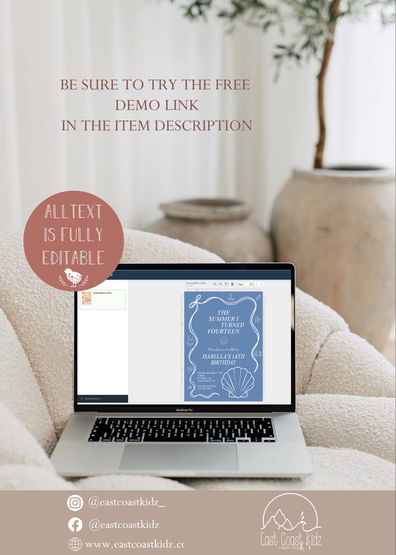 May include: A laptop displays a blue invitation design for a 14th birthday party with seashell and star graphics. The text reads "The Summer I Turned Fourteen" and "Isabella's 14th Birthday." Additional text on the screen includes "Be sure to try the free demo link in the item description."