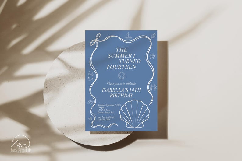 May include: A blue invitation card with white text and illustrations for a 14th birthday. The card features a seashell, starfish, and other nautical-themed designs. The text reads "The Summer I Turned Fourteen" and "Isabella's 14th Birthday."