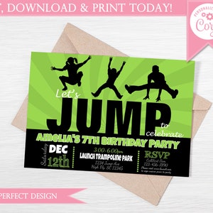Green and Black JUMP Trampoline Park Birthday Invitation - Instant Download