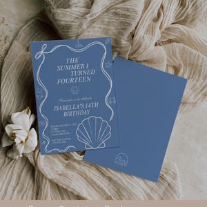 May include: Blue invitation card with white text and seashell illustrations. The text reads "The Summer I Turned Fourteen" and invites guests to Isabella's 14th birthday. Includes a bonus invitation back.