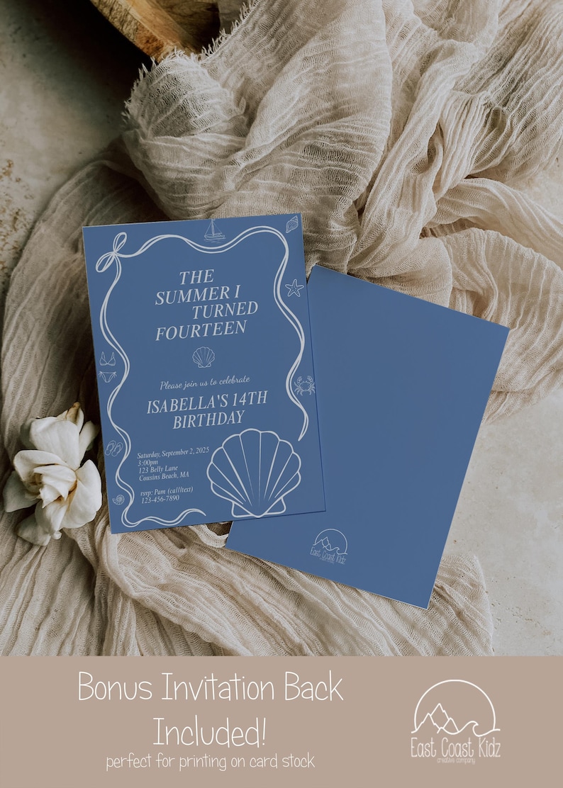 May include: Blue invitation card with white text and seashell illustrations. The text reads "The Summer I Turned Fourteen" and invites guests to Isabella's 14th birthday. Includes a bonus invitation back.