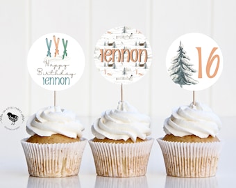 Ski Birthday Winter cupcake toppers - Instant Download